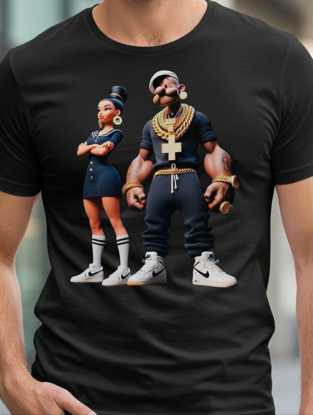 Black Graphic Tee with Urban Character Print